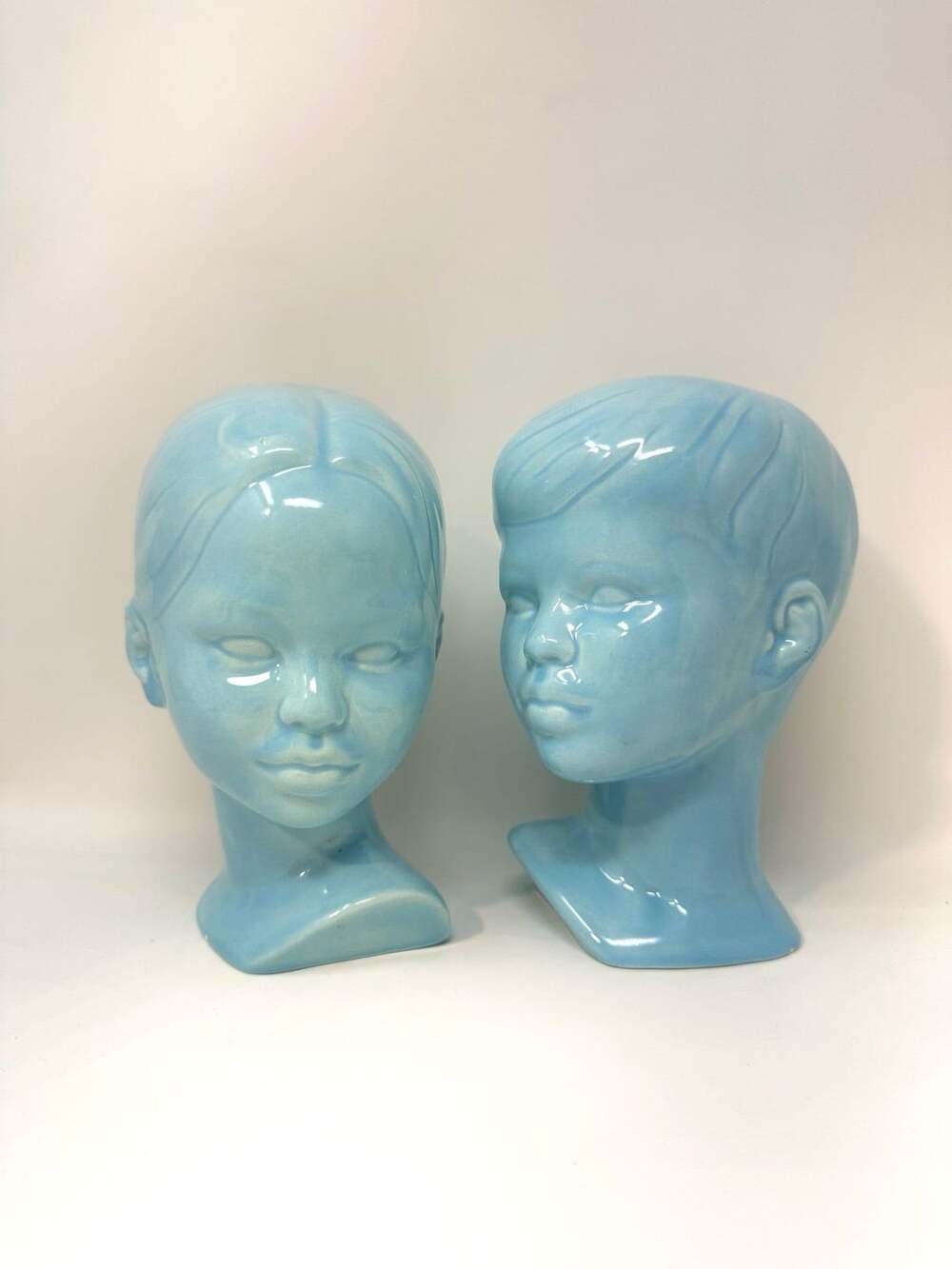 MCM Sky Blue Children Ceramic Bust Figurines Holland Mold Co Boy & Girl set of 2